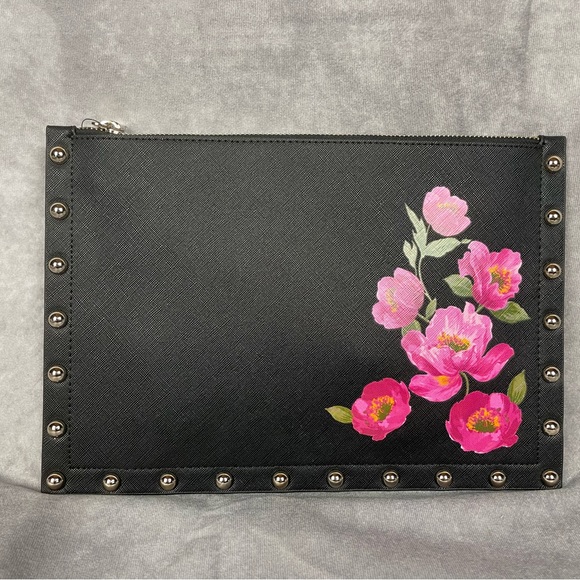 White House Black Market Stud Black Flower Large Clutch NWT